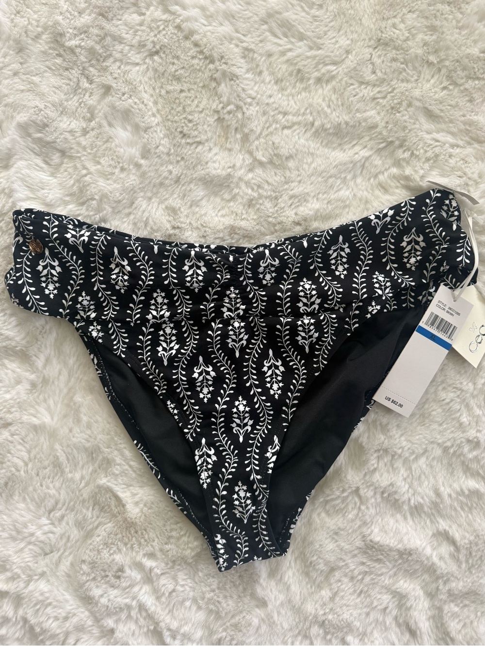 NWT CeCe Black & White Ruched Botanical Bikini Bottom